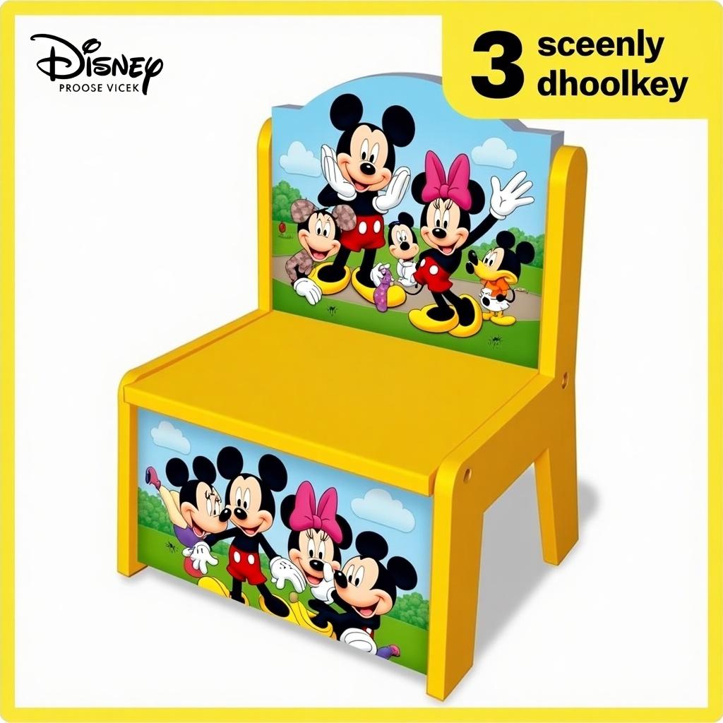 A colorful image of a chair featuring various Disney characters including Mickey Mouse and Minnie Mouse. The chair has a yellow frame and a playful design. Suitable for children's toys and decor.