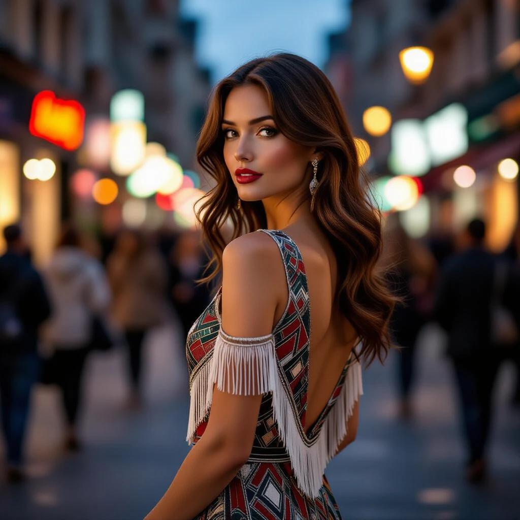 Portrait of a woman in a vintage dress viewed from behind on an urban street. Setting at dusk with a bustling crowd. Woman has dark auburn hair styled naturally. Dress features geometric patterns and fringe details. Background shows busy street with lights and blurred pedestrians. Bugatti Type 35 integrated into bokeh. Lighting captures warm sunset tones with twilight. Dynamic colors and urban energy are prominent.