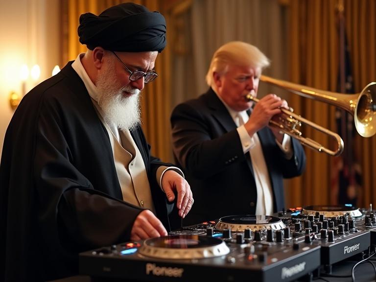 Ayatollah Khameini DJ-ing with Pioneer CDJ 3000 Nexus inside the White House while Donald Trump plays a trombone.