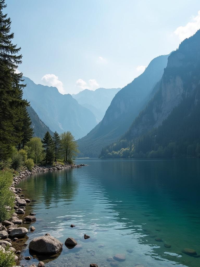 Trnovacko Lake in Bosnia is surrounded by towering mountains with clear turquoise waters and a rocky shoreline. The scene is calm with a misty atmosphere. Lush trees line the edges of the water, creating a peaceful landscape.