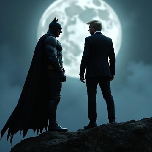 Batman stands assertively next to a suited individual on a cliff. Large full moon looms ominously in the background. A stormy night atmosphere prevails creating tension.