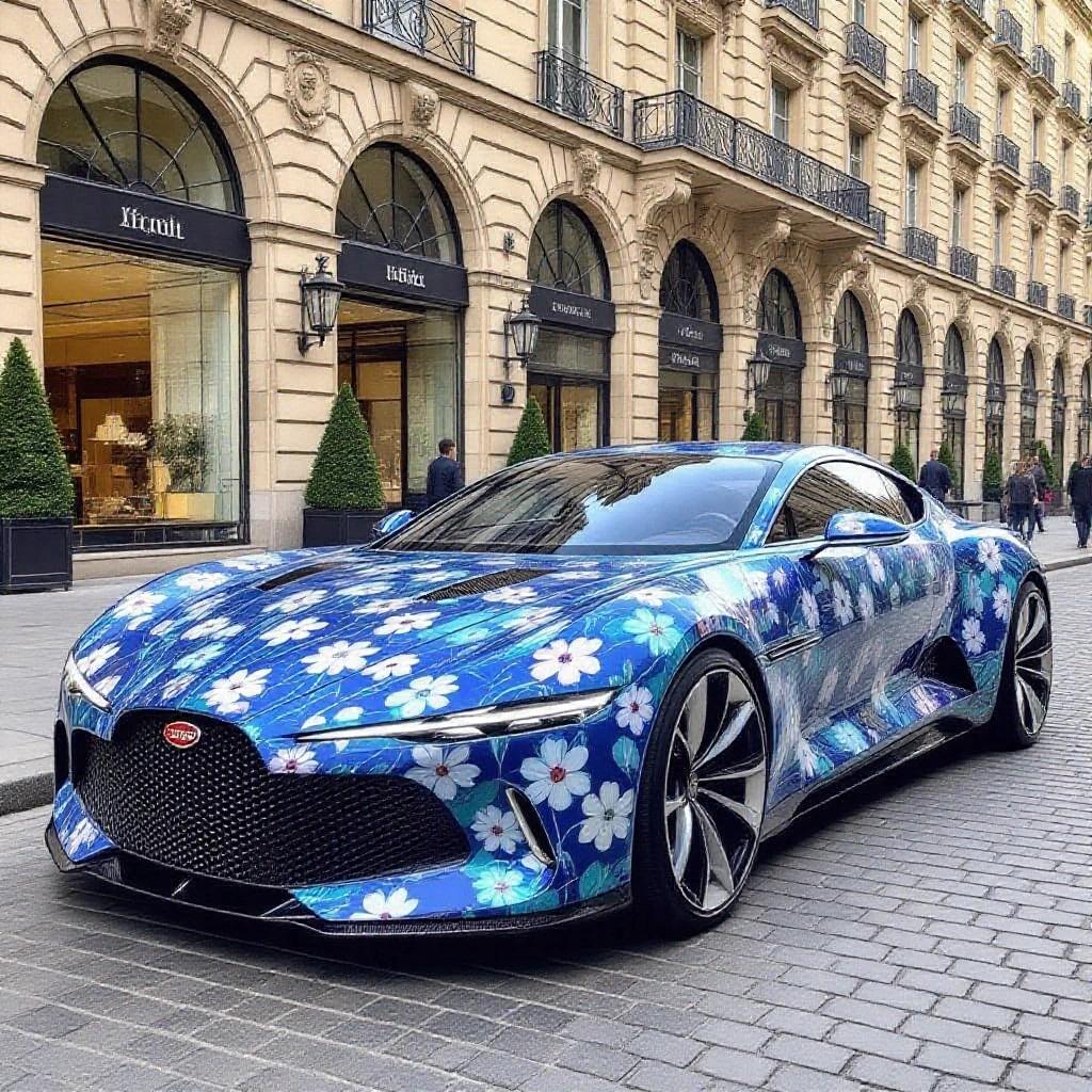 Bugatti Atlantic with floral pattern design parked on a Paris street. Lush architecture in the background. Bright colors on car body. Elegant luxury vibe.