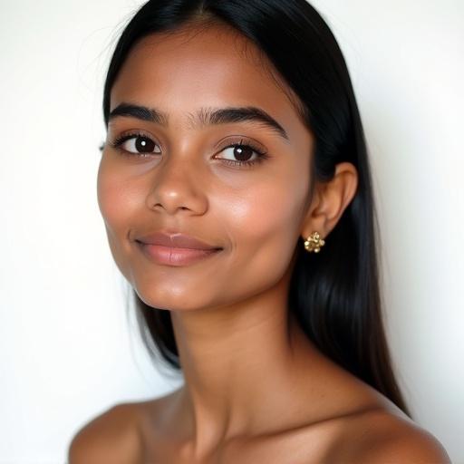 Photo realistic portrait of a south indian girl aged around 18. Close-up view emphasizing the bustline. White background. Light makeup and tiny golden earrings. Professional appearance suitable for tech industry.