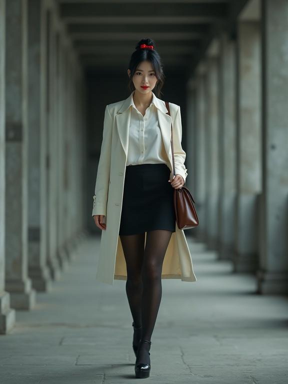 Full-body image features East Asian female agent moving through corridors. She wears black pantyhose and black heels. Outfit includes white blouse and black knee-length skirt. She has a white blazer draped over her shoulders and a brown satchel. Hair is in a bun with a red bow. She displays determination and elegance.