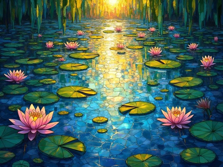 A luminous lily pond designed as intricate stained glass. Water lilies and pads float on the surface. Patterns of light create a mosaic effect. Sunlight shines through, creating a vivid atmosphere. Organic shapes enhance the serene mood. Evocative of Monet's style in Impressionism.
