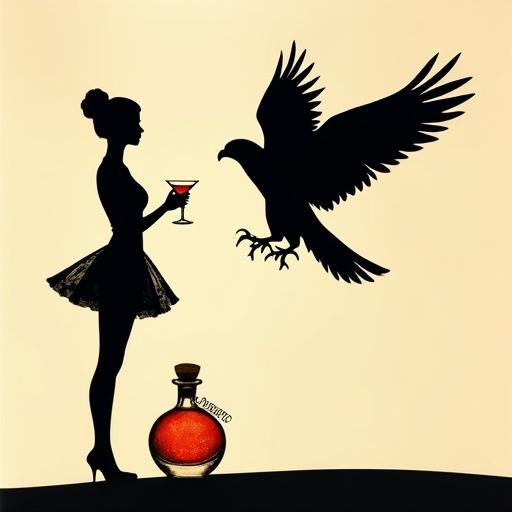 This composition features a black silhouette of a woman and a falcon on a beige background. A woman with an elegant updo stands in profile holding a cocktail glass. She wears a short, flowy dress with floral patterns. Beside her is a majestic falcon. A spirit bottle labeled 'ALFRUNO' with a cork lid sits at the bottom. The bottle contains a shimmering reddish liquid.
