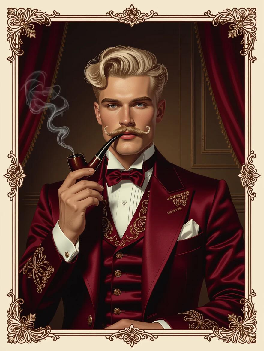 An oil portrait depicts a striking lean Russian man in ornate burgundy formalwear. The man has platinum blonde hair and a curled moustache. He holds a tobacco pipe. The setting is a dim room with a burgundy color scheme. An Art Nouveau border frames the portrait. The tone is dark and mysterious.