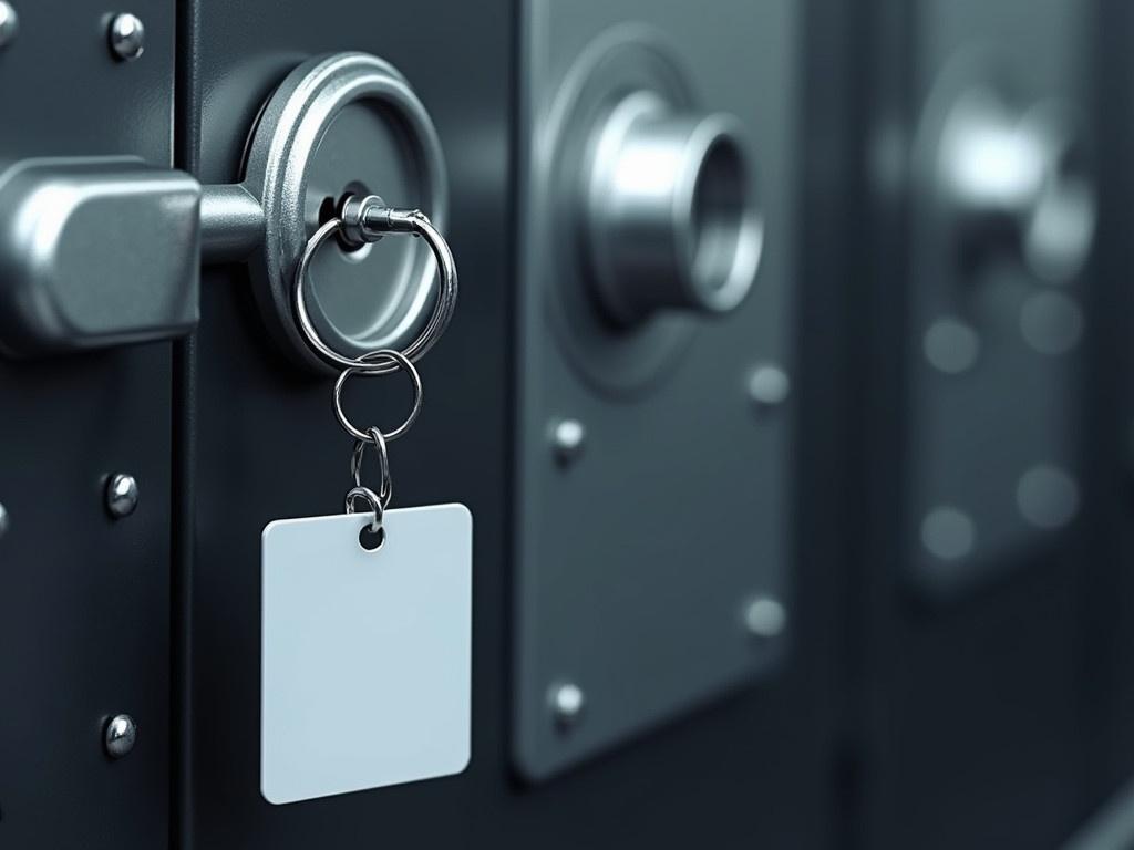 The image features a secure bank safe with a metallic design. A key is inserted into the lock of the safe, symbolizing access to its contents. A blank key tag hangs from the keyring, suggesting a unique identification for the key. The background shows additional bank safes, emphasizing a secure environment. The overall tone of the image is sleek and professional, conveying a sense of security.