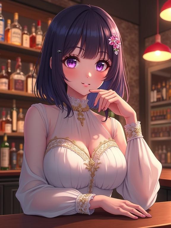 Image shows an elegant lady in a bar setting. She has shoulder-length dark violet hair and light violet eyes. Her blouse has intricate gold embroidery and she wears a dark skirt. The bar background is dimly lit with various bottles on shelves. The lighting is warm and inviting. Her expression is gentle with a slight smile.