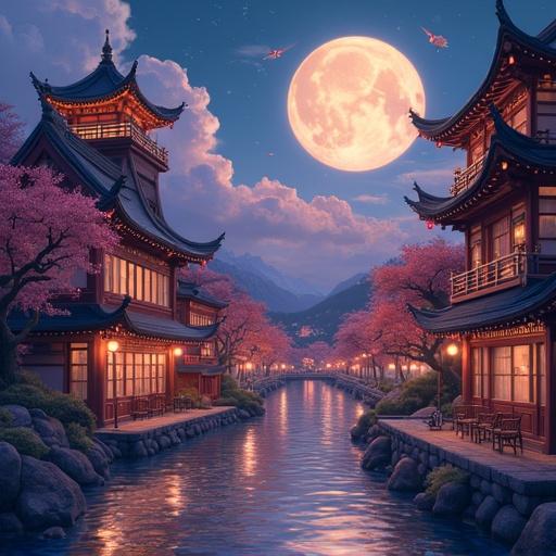 Moonlit night scene. Traditional Japanese architecture beside calm water. Cherry blossoms bloom. The sky features a large moon with a serene glow. Soft light reflects in the water. Hills are visible in the distance. A peaceful atmosphere is created by the scene.