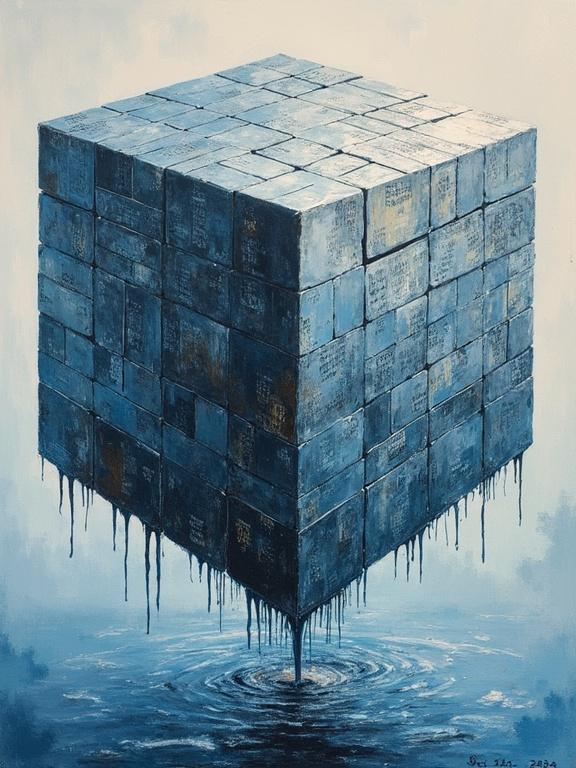 Floating polyhedron made of mirrored tiles. Each tile has scrolling glyphs. One tile is missing and leaking liquid mercury. The cube appears hollow and suspended. The artwork has an oil painting texture.