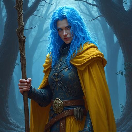Fantasy character portrait of an Aasimar Warlock. Character has glowing blue hair. Wears a yellow robe and holds a wooden staff. Features dark armor with magical runes. Stands in a mystical forest at dusk. The lighting is dramatic and cinematic.