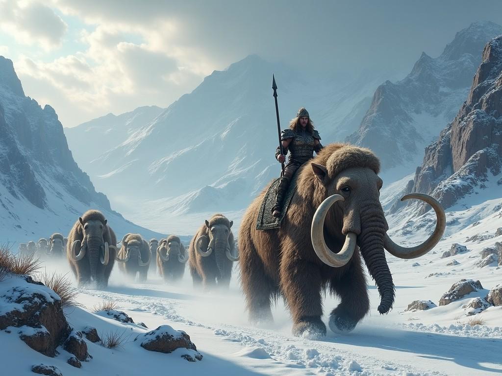 A fantasy scene with a warrior riding a mammoth leading a herd through snowy mountains.