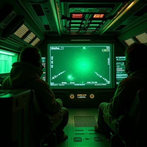 Cockpit of a spaceship with a high-tech screen. Dimly lit with a soft green glow. Screen shows atmospheric scan with a green bar labeled 'Habitable'. Crew navigates through space with optimism and realism. Futuristic metallic textures surround them.