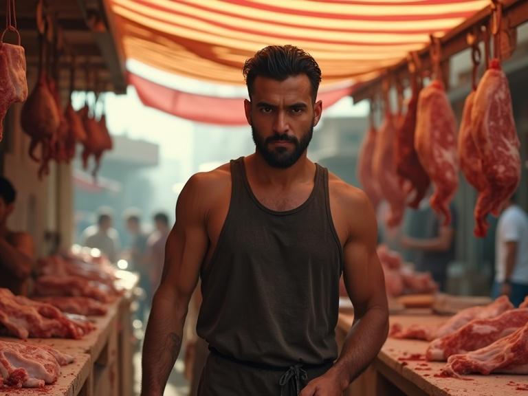 Hyper-realistic tracking shot of man in butcher shop. Strong physique in dark tank top. Blood-specked apron. Heavy cleaver in hand. Intense gaze at camera. Open-air market in Cairo. Raw meat and chaotic environment.