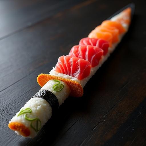 Dagger made of sashimi and sushi. Blade from sliced fish with vibrant tuna and salmon. Hilt from sushi rice with wasabi and nori. Decorated with tobiko roe. Resting on dark wood surface. Highlighted by soft studio lights. Clean and elegant composition.