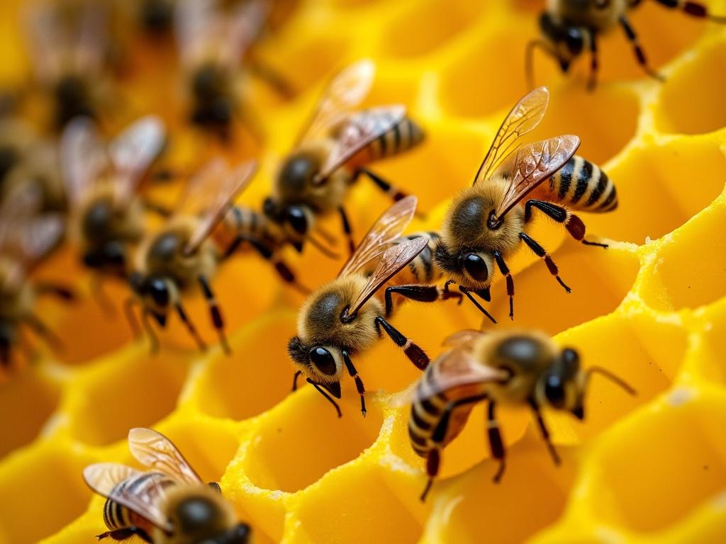 A closeup view of worker bees feverishly working on a bright yellow honeycomb. The bees are meticulously moving around, collecting nectar and depositing it into the empty cells of the hexagonal wax structure. Their bodies glisten under the light, showing off their intricate details and busy movements. The honeycomb is vibrant and full of empty cells ready to be filled with delicious honey. The scene captures the industrious nature of these bees as they contribute to their hive's food supply.