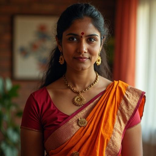 Tamil housewife wearing a colorful saree. The saree is orange with intricate gold designs. The attire showcases traditional Indian clothing. Jewelry includes a necklace and earrings. The setting is a warm, inviting indoor space with patterned decor.