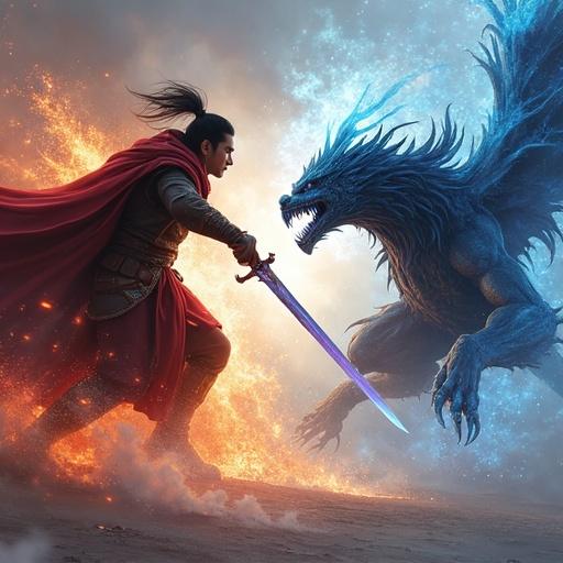 Rae Jin dashes forward with incredible speed. Blade trails flames. Wraithborne raises claw to block. Impact frozen in time. Flames clash with smoke. Energy burst seen clearly.