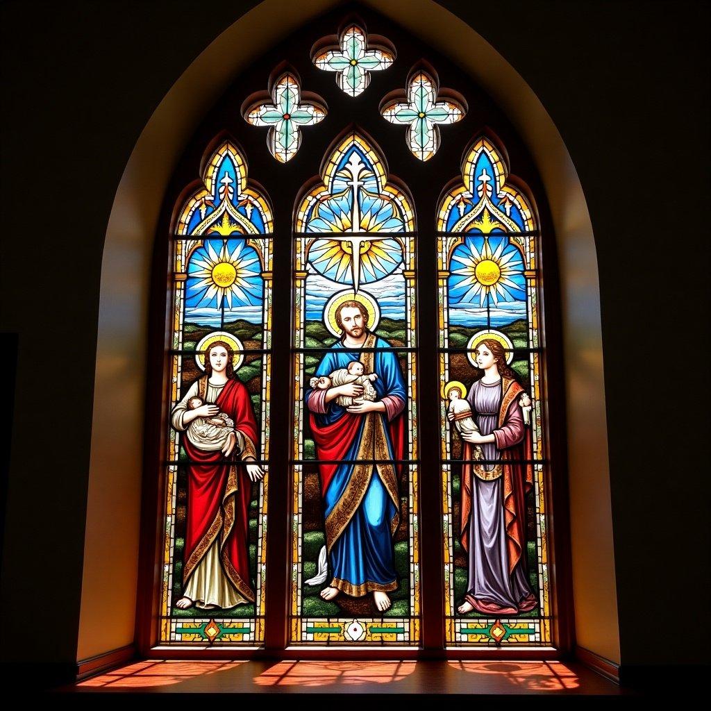 Stained glass window from St. John the Baptist Church in Madison, Alabama. Features three figures: Christ and two women, surrounded by intricate designs and colorful patterns.