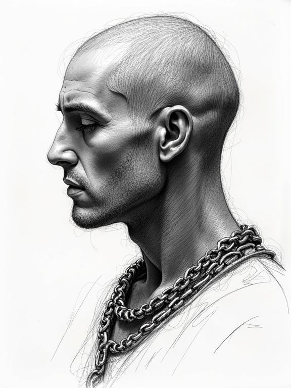 Pen sketch of a detailed profile view of a man with a chainmail around his neck. High contrast and detailed line work emphasizes facial structure and chain texture.