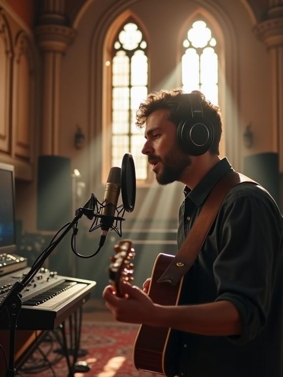 Close-up of a male musician recording in a restored castle studio. He sings into a vintage microphone and plays guitar while wearing large over-ear headphones. Natural light illuminates his face and the elegant interior. Features include historic architecture, studio equipment, and a cozy atmosphere.