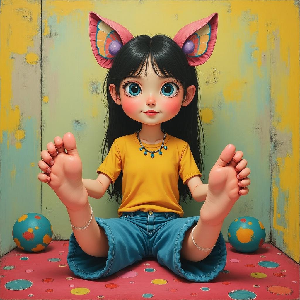 A whimsical illustration features a girl sitting in an unusual pose where her feet are acting as hands and her hands are her feet. She has large, expressive eyes and a cheerful smile, with butterfly-like ears adorning her head. The background is a vibrant blend of colors, creating a playful atmosphere, complemented by colorful balls placed around her. The girl is wearing a bright yellow t-shirt and denim shorts, adding to the cheerful vibe. This surreal concept sparks imagination and invites viewers into a fantastical world.