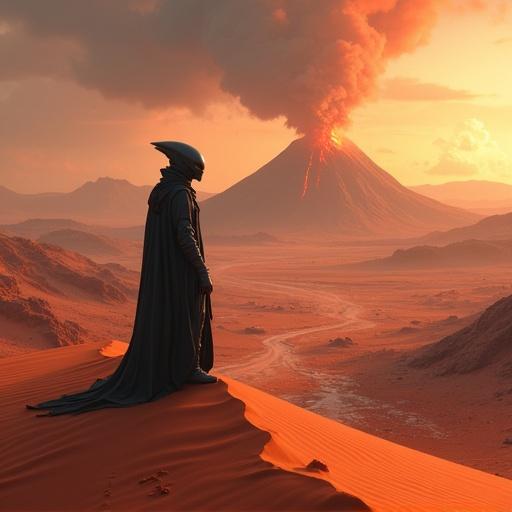Galactic alien-like being stands on reddish sand dune. The being observes a valley of a desert planet. The landscape features pointed mountain range. A volcano pours hot lava over its slope.