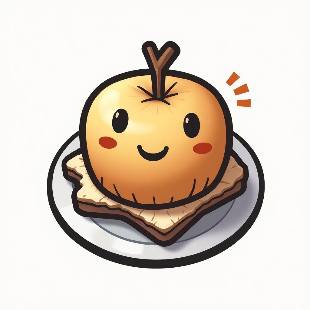 Icon of a happy fruit character on a dessert base. The fruit is round with a smiling face. It is sitting on a small plate. Joyful expression with a leaf on top.