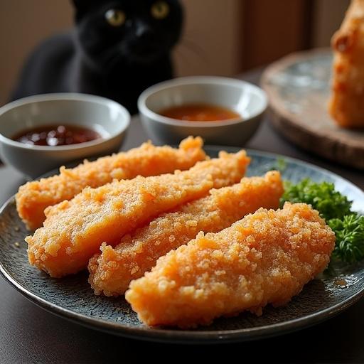 A plate of prime fried white fish with soy sauce, Worcestershire sauce, and tartar sauce. A tiny black cat hides in the background. Photorealistic and highly detailed.