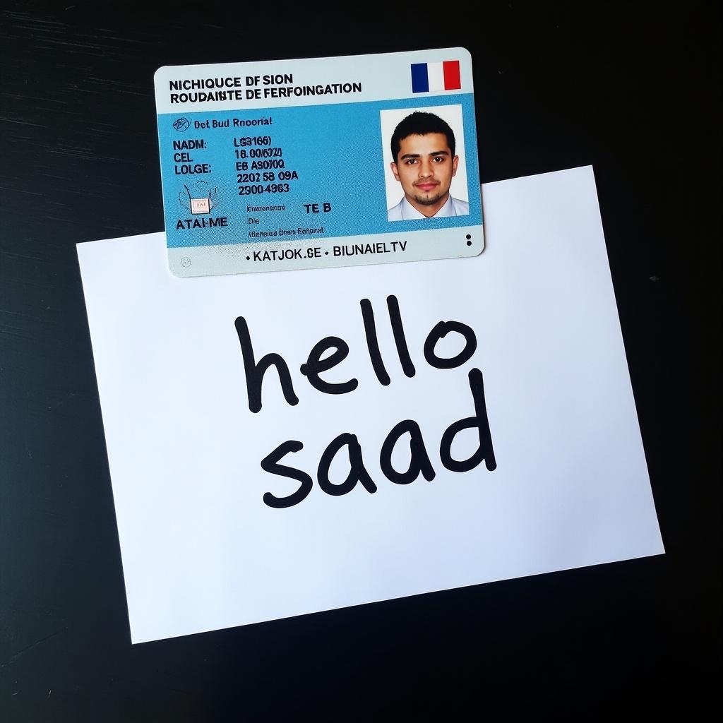 French national identity card on a dark surface with a white paper underneath. The paper has handwritten text saying hello saad. ID card has blue and white colors. Contrast between the card and the paper is clear.