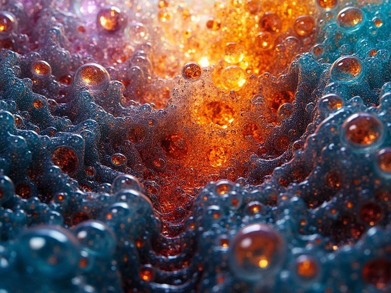 Molten glass and liquid metal swirl together creating colorful patterns. Fractals and geometric shapes are visible. Shattered glass surrounds the scene with glowing bubbles.