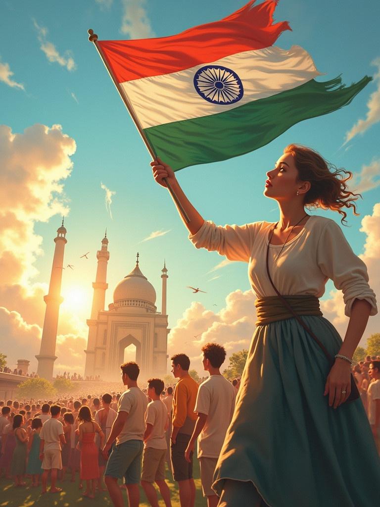 Crowd celebrating Independence Day. A woman holds the Indian flag in front of Taj Mahal. Festive atmosphere during golden hour.