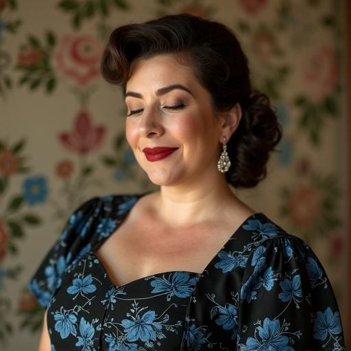 Portrait of a housewife with a vintage style. She has a lovely chubby body and a charming smile. Dress features black and blue floral patterns. Hairstyle is from the 1950s. Long diamond earrings add elegance. Floral wallpaper fills the background.