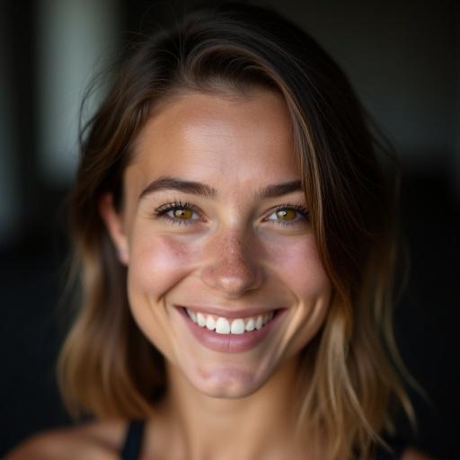 Zoomed photograph of smiling young athletic woman. Asymmetrical hairstyle left side medium-length brown hair tousled and parted right side undercut. Minimal makeup clear skin warm tone subtle dimples. Soft studio lighting highlights contours of face. Dark blurred background brings focus to expression. Looking directly at camera relaxed smile. High-resolution realistic photography style.