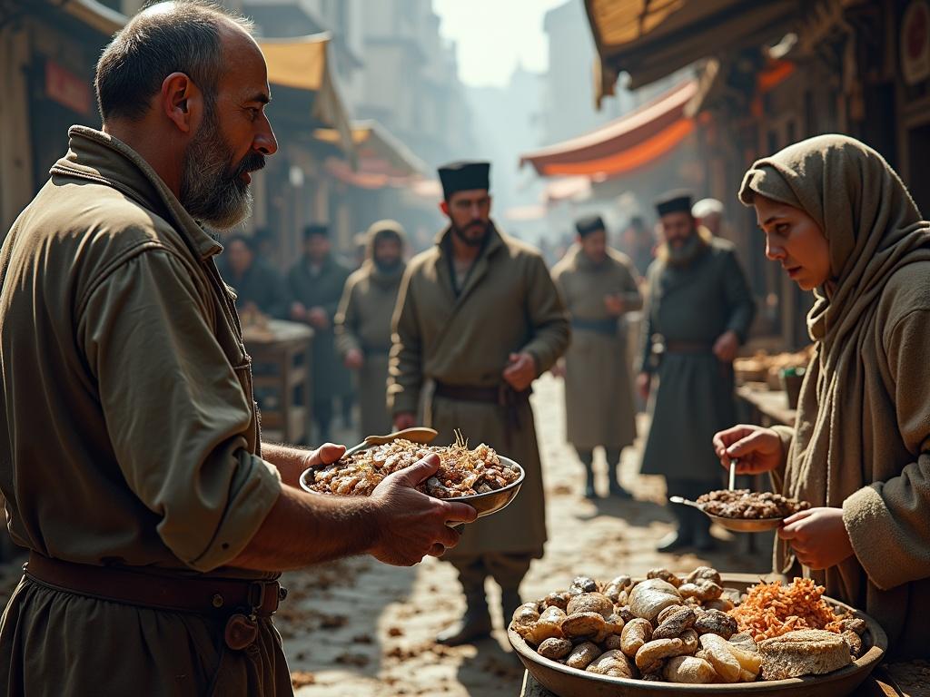 Market scene from the 16th century. Traders and vendors interact. Armenian trader with strong expression. Jewish vendor using brass scales. Moldavian girl selling garlic. Ottoman soldier enjoying lamb skewer. Character details reveal historical realism. Natural elements and textures vivid. Highlights of market chaos. Wide-angle perspective with action.