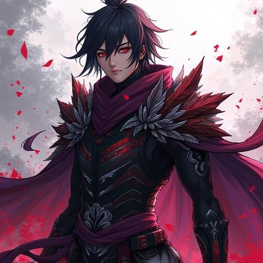 Character design of Akechi Mitsuhide. Features leaf arms. Color scheme includes black dark-gray white red and purple. Ornate armor with intricate details. Powerful stance and dramatic atmosphere.