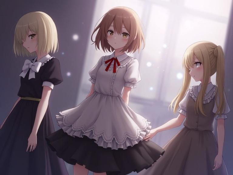 Anime-style illustration featuring three young women in a dimly lit room. Central figure has short light brown hair, light-colored layered dress with a dark skirt, and a red ribbon. Left girl has shoulder-length blonde hair with white bow, wears a dark frilly dress. Right girl has long blonde twin tails, wears muted tones with lace and ruffles. Background has purple and grey tones with light hints, abstract elements suggest indoor space. Mood is melancholic and elegant with detailed character designs.
