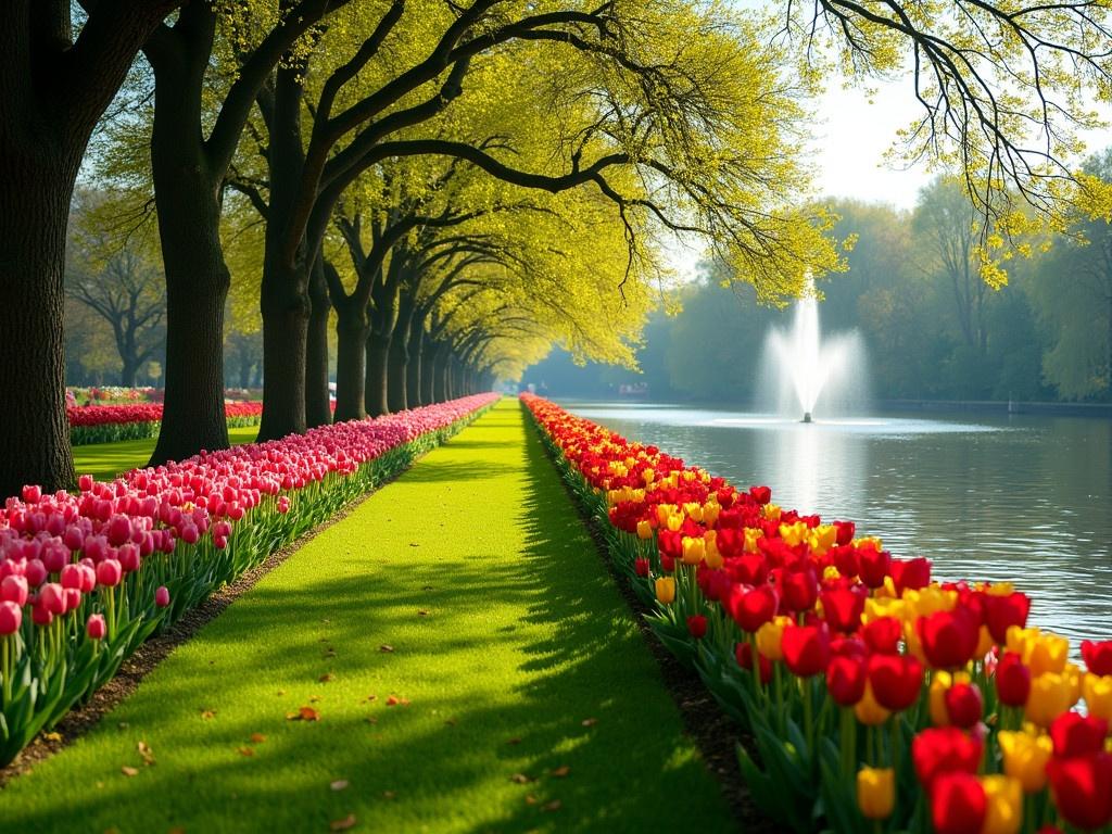 A vibrant spring garden blooming with colorful flowers. Rows of tulips in bright red, yellow, and pink flower beds create a stunning display along the shore. Towering trees line the pathway, their branches lightly draping over the lush green grass. A serene pond reflects the colorful flowerbeds and the trees surrounding it. A gentle fountain can be seen in the background, adding a sense of tranquility to the scene. The sunlight filters through the leaves, casting a warm glow over the landscape. This picturesque setting invites visitors to relax and enjoy nature's beauty.