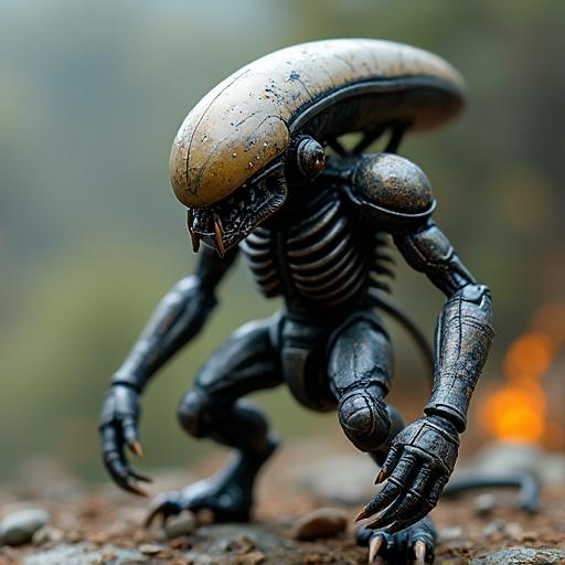 Tiny Gundam Xenomorph with a battle-damaged body. Intricate details are highlighted in a photorealistic style. The scene is captured in a wide angle.