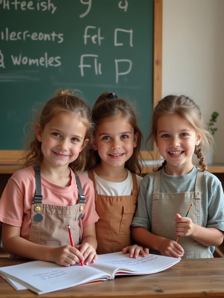 A group of girls aged 2 and 3 pretend to be teachers at school. They are gathered around a table with a book. The girls are dressed in colorful outfits. They are joyful and engaged. Background features a classroom setting with a chalkboard.