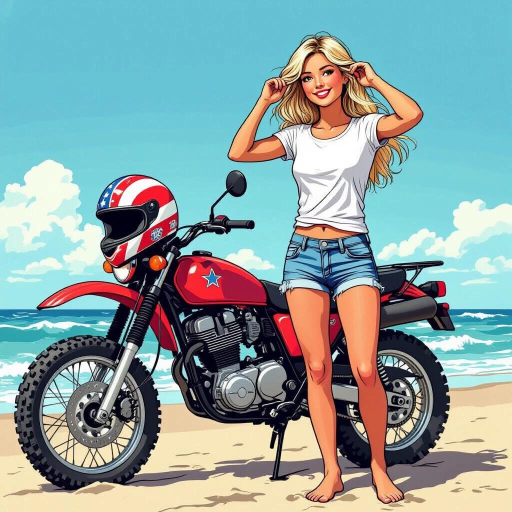 Blonde girl in a white t-shirt and shorts. Standing on the beach next to an offroad motorcycle. Helmet with stars and stripes placed on the motorcycle. One hand on her heart. Other hand through her hair. Comic book style illustration.