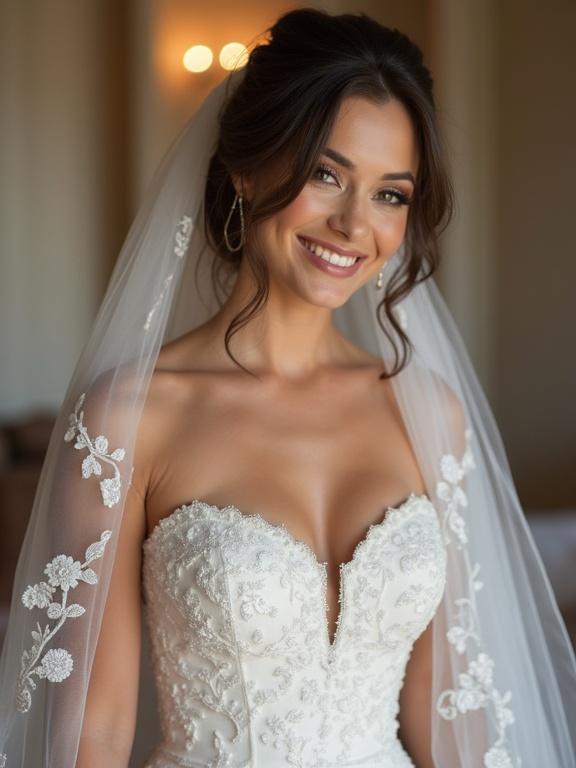 Bride in wedding dress smiles playfully. Veil enhances beauty. Curvy silhouette emphasizes elegance. Soft indoor lighting reflects joy.