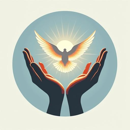 Sleek luxury logo for Heavenart. Central visual has two stylized hands in symmetrical perspective, palms open towards the sky. A realistic dove flying from the joined palms, wings in dynamic motion. Light rays emanate from the contact point of hands and dove, creating a celestial halo. Typography includes 'Heavenart' in Playfair Display bold, aged gold color and slogan 'create with grace, decorate with faith.' in Lora Italic, charcoal gray. Color palette features gradient gold and sky blue, with a flat 2.5D design style.