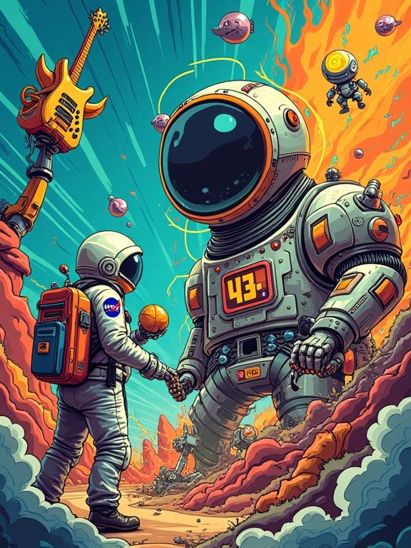 Vibrant digital illustration showcasing a futuristic scene featuring a robot and a human astronaut. The astronaut wears a suit with a NASA patch while holding a sphere. A robot holds a guitar with a microphone in the background. A large machine displays '43'. Colorful background with abstract shapes and dynamic elements creates an energetic atmosphere.