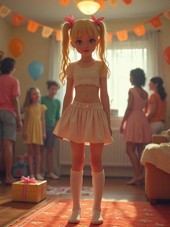 Nostalgic birthday party scene in a small cozy living room. Central character with blonde twin-tails and pink ribbons. Dressed in playful costume with cropped top and minimalist skirt. Thigh-high lace socks. Cheerful expression. Background with colorful partygoers. Decorated with balloons, banners, and presents. Bold vibrant rug on the floor. Image has retro pixelated feel with saturated colors.
