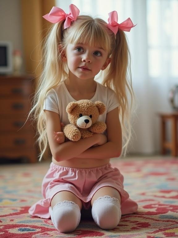 A girl with long blonde hair in twin tails and pink bows kneels on a colorful rug in a soft-lit living room. She wears a white crop top and a pale pink skirt with lace detail thigh-high socks. She hugs a teddy bear while looking up with curiosity.