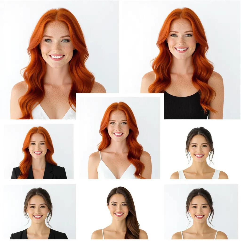 A beauty woman with red hair. Various portraits of women with different hairstyles and expressions. Bright and clean background highlighting their features.