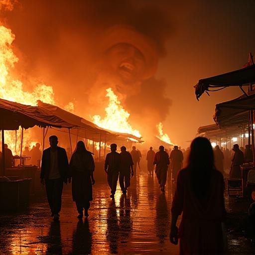 Dramatic night scene of a market engulfed in flames. Wooden stalls and tarpaulin roofs collapse as fire rages. Thick black smoke billows into the sky. Bright orange and red flames reflect off terrified faces of vendors and customers. People in traditional clothing form a chain passing buckets of water, showing tense expressions. Some people stand frozen in shock, shielding children. Close-up of a young woman mid-scream, panic evident. Intense lighting creates a chaotic atmosphere.