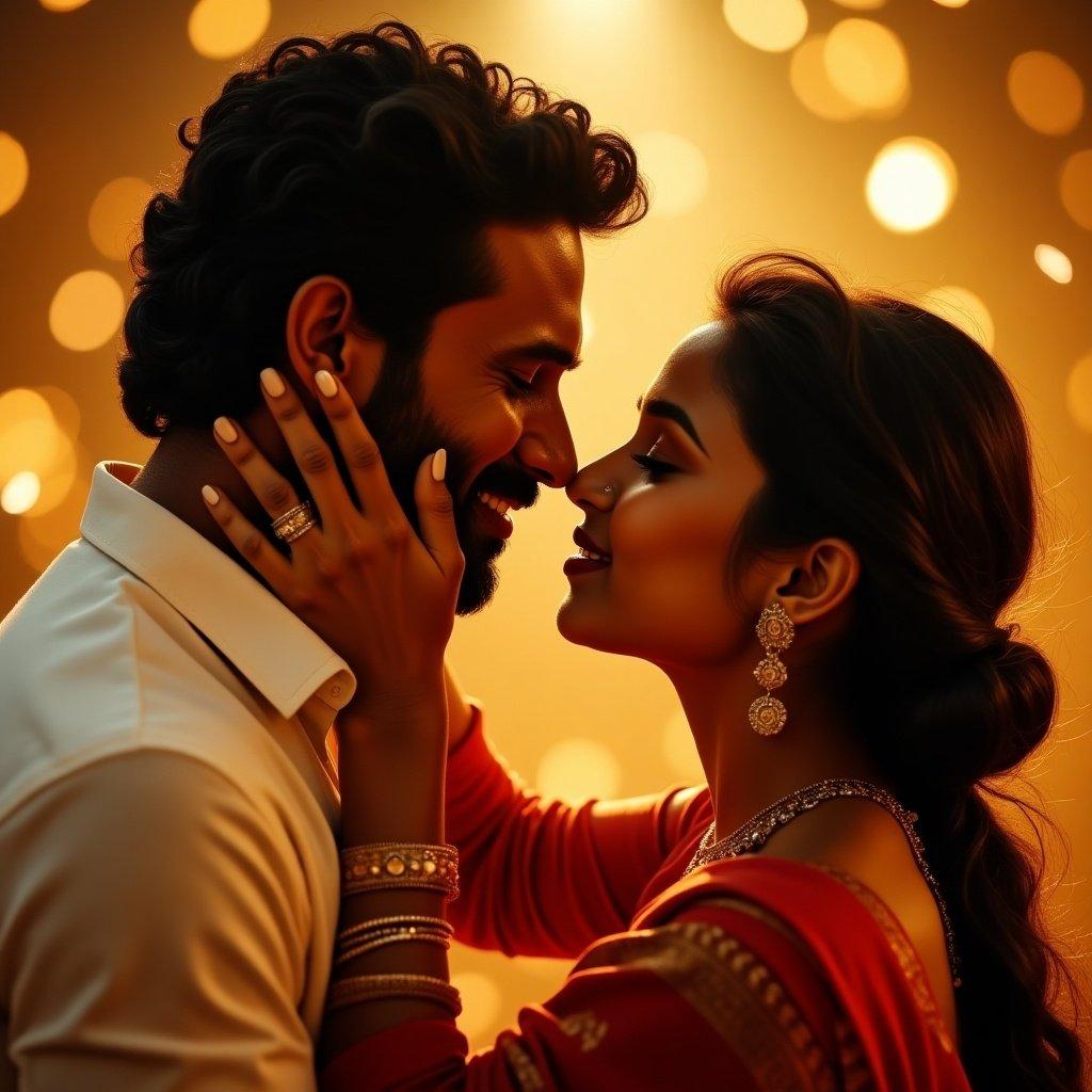 A romantic scene in Tamil cinema. An intimate kiss shared between a couple. Soft golden lighting creates a warm atmosphere. The couple displays affection and connection with soft touches and gazes.